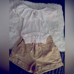 Cute Khaki shorts with drawstring, adorable white shirt